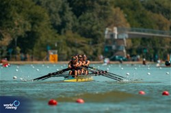 Eda Erkan (b), Nisan Ipar, Deniznur Baykara, Ebru Akinal (s), Lightweight Women's Quadruple Sculls, Turkiye, 2023 World Rowing Under 23 Championships, Plovdiv, Bulgaria © World Rowing / Benedict Tufnell