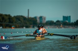 Leo - Paul Fiacre (b), Leo Coignard, Baptiste Lebel, Louis Pruvost (s), Lightweight Men's Quadruple Sculls, France, 2023 World Rowing Under 23 Championships, Plovdiv, Bulgaria © World Rowing / Benedict Tufnell