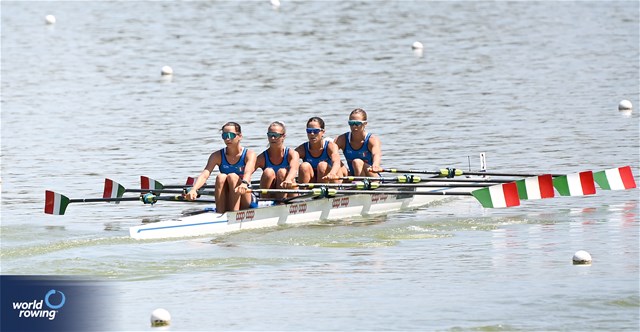 Maria Sole Perugino (b), Anita Gnassi, Maria Zerboni, Giulia Clerici (s), Lightweight Women's Quadruple Sculls, Italy, 2023 World Rowing Under 23 Championships, Plovdiv, Bulgaria © Detlev Seyb / MeinRuderBild.com