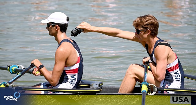 Troy Riesenberger (b), Ruben Luthra, Eli Rabinowitz, Simon Dubiel (s), Lightweight Men's Quadruple Sculls, United States of America, 2023 World Rowing Under 23 Championships, Plovdiv, Bulgaria © Detlev Seyb / MeinRuderBild.com