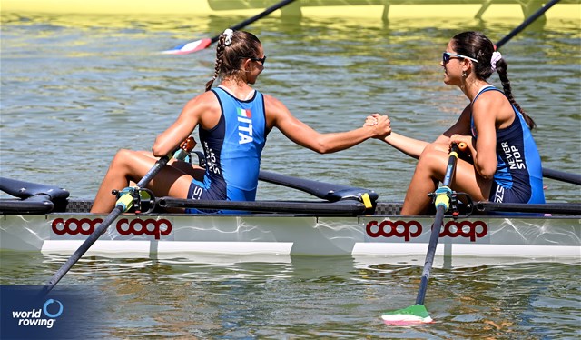 Maria Sole Perugino (b), Anita Gnassi, Maria Zerboni, Giulia Clerici (s), Lightweight Women's Quadruple Sculls, Italy, 2023 World Rowing Under 23 Championships, Plovdiv, Bulgaria © Detlev Seyb / MeinRuderBild.com