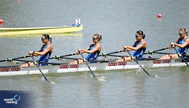 Maria Sole Perugino (b), Anita Gnassi, Maria Zerboni, Giulia Clerici (s), Lightweight Women's Quadruple Sculls, Italy, 2023 World Rowing Under 23 Championships, Plovdiv, Bulgaria © Detlev Seyb / MeinRuderBild.com