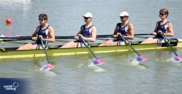 Troy Riesenberger (b), Ruben Luthra, Eli Rabinowitz, Simon Dubiel (s), Lightweight Men's Quadruple Sculls, United States of America, 2023 World Rowing Under 23 Championships, Plovdiv, Bulgaria © Detlev Seyb / MeinRuderBild.com