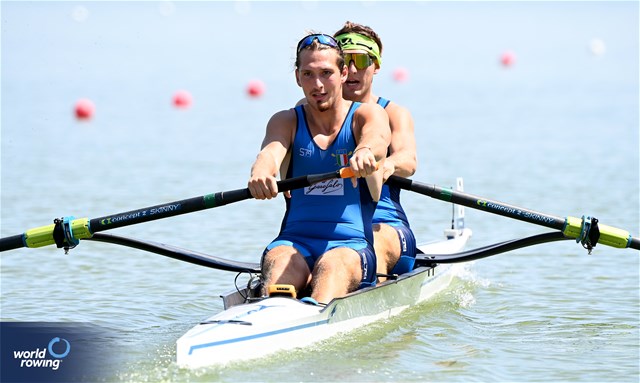 Luca Vicino (b), Marco Vicino (s), Men's Pair, Italy, 2023 World Rowing Under 23 Championships, Plovdiv, Bulgaria © Maren Derlien / MeinRuderBild.com