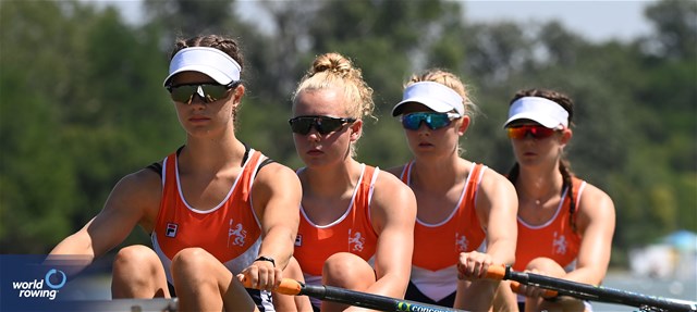 Claire De Kok (b), Vera Sneijders, Jente Jongsma, Phaedra Van Der Molen (s), Women's Quadruple Sculls, Netherlands, 2023 World Rowing Under 23 Championships, Plovdiv, Bulgaria © Maren Derlien / MeinRuderBild.com