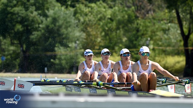 Hannah Supple (b), Ellie Cooke, Molly Curry, Rachel Bradley (s), Women's Quadruple Sculls, Great Britain, 2023 World Rowing Under 23 Championships, Plovdiv, Bulgaria © Maren Derlien / MeinRuderBild.com