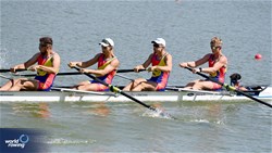 Andrei-Vlad-Robert Vatamaniuc (b), Petru Andrei Ciornei, Marius-Ionel Bodnar, Marian Stefan Dunca (s), Maria-Antonia Iancu (c), Men's Coxed Four, Romania, 2023 World Rowing Under 23 Championships, Plovdiv, Bulgaria © Detlev Seyb / MeinRuderBild.com