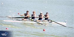 Blake Vogel (b), Bret Holt, Braden Porterfield, Keith Ryan (s), Sammy Houdaigui (c), Men's Coxed Four, United States of America, 2023 World Rowing Under 23 Championships, Plovdiv, Bulgaria © Detlev Seyb / MeinRuderBild.com