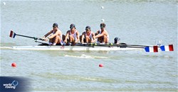 Pierre Minniti-Andrei (b), Lucas Warin, Narcisse Bonnetot, Mayeul Potin (s), Lucie Mercier (c), Men's Coxed Four, France, 2023 World Rowing Under 23 Championships, Plovdiv, Bulgaria © Detlev Seyb / MeinRuderBild.com
