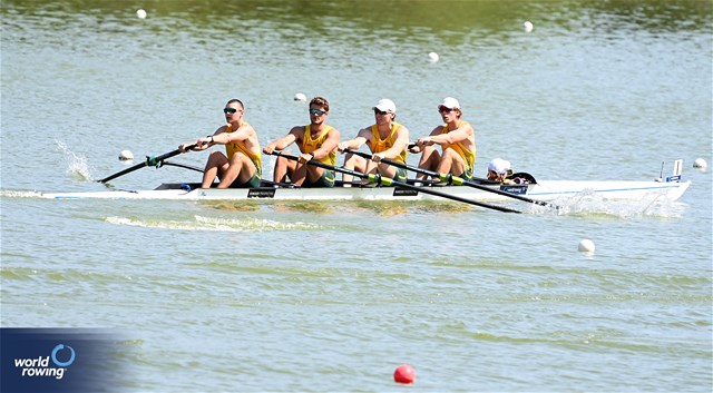 Riley Rees-Turner (b), Torben Ungemach, Dylan Rhodes, Alexander Wood (s), Hannah Cowap (c), Men's Coxed Four, Australia, 2023 World Rowing Under 23 Championships, Plovdiv, Bulgaria © Detlev Seyb / MeinRuderBild.com