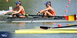 Paola Alonso De Caso Meier (b), Emma Alimbau Borras (s), Women's Pair, Spain, 2023 World Rowing Under 23 Championships, Plovdiv, Bulgaria © Detlev Seyb / MeinRuderBild.com