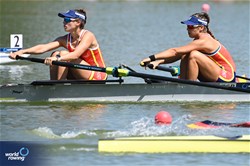 Paola Alonso De Caso Meier (b), Emma Alimbau Borras (s), Women's Pair, Spain, 2023 World Rowing Under 23 Championships, Plovdiv, Bulgaria © Detlev Seyb / MeinRuderBild.com