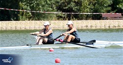 Viktoryia Vasilyeva (b), Veranika Anatska (s), Women's Pair, Individual Neutral Athlete, 2023 World Rowing Under 23 Championships, Plovdiv, Bulgaria © Detlev Seyb / MeinRuderBild.com