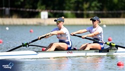 Josephine Cornut-Danjou (b), Agathe Oudet (s), Women's Pair, France, 2023 World Rowing Under 23 Championships, Plovdiv, Bulgaria © Detlev Seyb / MeinRuderBild.com