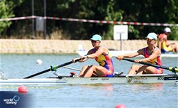 Elena Silvia Mocanu (b), Andreea-Fabiola Iorgovan (s), Women's Pair, Romania, 2023 World Rowing Under 23 Championships, Plovdiv, Bulgaria © Detlev Seyb / MeinRuderBild.com