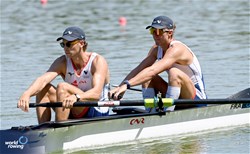 Louis Chamorand (b), Luca Liautaud (s), Men's Pair, France, 2023 World Rowing Under 23 Championships, Plovdiv, Bulgaria © Detlev Seyb / MeinRuderBild.com