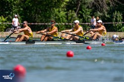 Riley Rees-Turner (b), Torben Ungemach, Dylan Rhodes, Alexander Wood (s), Hannah Cowap (c), Men's Coxed Four, Australia, 2023 World Rowing Under 23 Championships, Plovdiv, Bulgaria © World Rowing / Benedict Tufnell