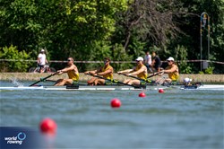 Riley Rees-Turner (b), Torben Ungemach, Dylan Rhodes, Alexander Wood (s), Hannah Cowap (c), Men's Coxed Four, Australia, 2023 World Rowing Under 23 Championships, Plovdiv, Bulgaria © World Rowing / Benedict Tufnell