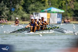 Ernesto Rabatti (b), Emanuele Castino, Paolo Gregori, Tommaso Rossi (s), Lightweight Men's Quadruple Sculls, Italy, 2023 World Rowing Under 23 Championships, Plovdiv, Bulgaria © World Rowing / Benedict Tufnell