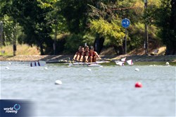 Nemanja Kesic (b), Ratko Bundalo, Ivan Katic, Milos Boskov (s), Lightweight Men's Quadruple Sculls, Serbia, 2023 World Rowing Under 23 Championships, Plovdiv, Bulgaria © World Rowing / Benedict Tufnell