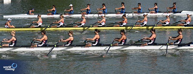 Olivia Vavasour (b), Lauren Day, Dahlia Levine, Lale Edil, Evan Park, Mia Levy, Hannah Heideveld, Megan Lee (s), Victoria Grieder (c), Women's Eight, United States of America, 2023 World Rowing Under 23 Championships, Plovdiv, Bulgaria © World Rowing / Benedict Tufnell