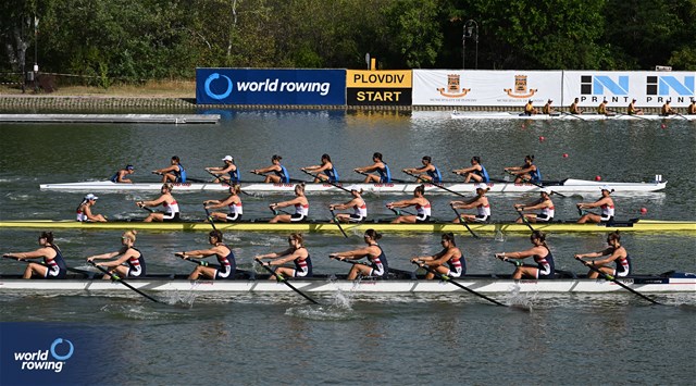 Olivia Vavasour (b), Lauren Day, Dahlia Levine, Lale Edil, Evan Park, Mia Levy, Hannah Heideveld, Megan Lee (s), Victoria Grieder (c), Women's Eight, United States of America, 2023 World Rowing Under 23 Championships, Plovdiv, Bulgaria © World Rowing / Benedict Tufnell