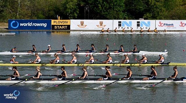 Olivia Vavasour (b), Lauren Day, Dahlia Levine, Lale Edil, Evan Park, Mia Levy, Hannah Heideveld, Megan Lee (s), Victoria Grieder (c), Women's Eight, United States of America, 2023 World Rowing Under 23 Championships, Plovdiv, Bulgaria © World Rowing / Benedict Tufnell