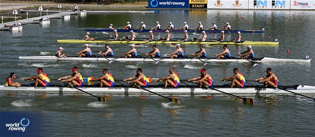 Constantin Emanuele Sterea (b), Gheorghe Scripcaru, Costi-Daniel Neagoe, Andrei Hemen, Cristian-Vasile Nicoara, Ionut Pavel, Gheorghe Morar, Alexandru Gherasim (s), Maria-Antonia Iancu (c), Men's Eight, Romania, 2023 World Rowing Under 23 Championships, Plovdiv, Bulgaria © World Rowing / Benedict Tufnell