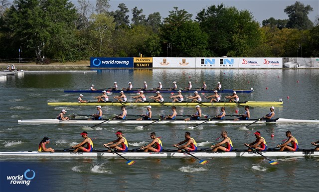 Constantin Emanuele Sterea (b), Gheorghe Scripcaru, Costi-Daniel Neagoe, Andrei Hemen, Cristian-Vasile Nicoara, Ionut Pavel, Gheorghe Morar, Alexandru Gherasim (s), Maria-Antonia Iancu (c), Men's Eight, Romania, 2023 World Rowing Under 23 Championships, Plovdiv, Bulgaria © World Rowing / Benedict Tufnell