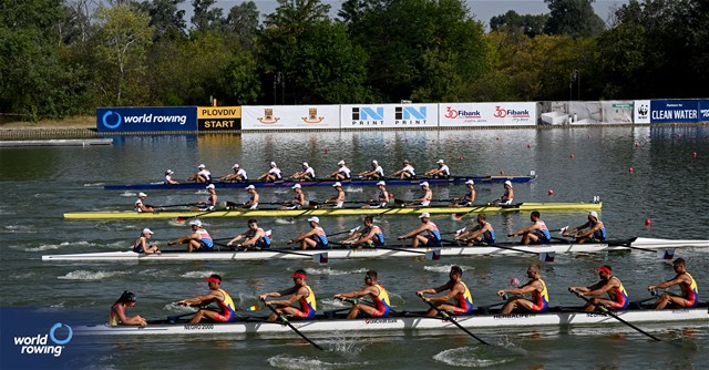 Constantin Emanuele Sterea (b), Gheorghe Scripcaru, Costi-Daniel Neagoe, Andrei Hemen, Cristian-Vasile Nicoara, Ionut Pavel, Gheorghe Morar, Alexandru Gherasim (s), Maria-Antonia Iancu (c), Men's Eight, Romania, 2023 World Rowing Under 23 Championships, Plovdiv, Bulgaria © World Rowing / Benedict Tufnell