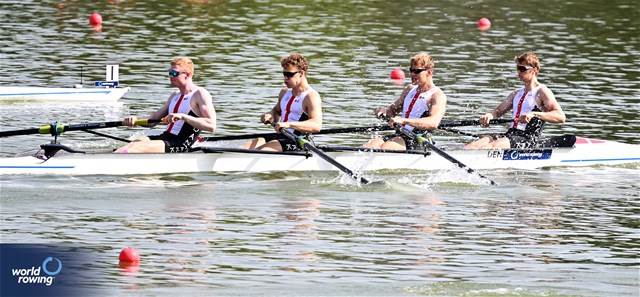 Casper Pedersen (b), Christian Soendergaard, Elias Ellehammer Andersen, Tobias Kramer Bosnes (s), Men's Four, Denmark, 2023 World Rowing Under 23 Championships, Plovdiv, Bulgaria © World Rowing / Benedict Tufnell