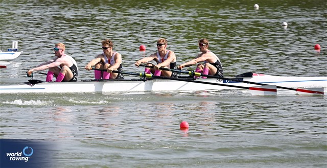 Casper Pedersen (b), Christian Soendergaard, Elias Ellehammer Andersen, Tobias Kramer Bosnes (s), Men's Four, Denmark, 2023 World Rowing Under 23 Championships, Plovdiv, Bulgaria © World Rowing / Benedict Tufnell