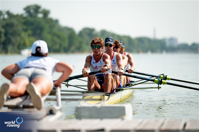 Florian Ludwig (b), Alistair Gicqueau, Nikola Kolarevic, Armand Pfister (s), Men's Four, France, 2023 World Rowing Under 23 Championships, Plovdiv, Bulgaria © World Rowing / Benedict Tufnell