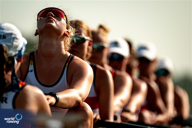 Klara Kerstan (b), Chiara Saccomando, Ricarda Heuser, Antonia Galland, Emilia Fritz, Olivia Clotten, Lene Muehrs, Michelle Lebahn (s), Annalena Fisch (c), Women's Eight, Germany, 2023 World Rowing Under 23 Championships, Plovdiv, Bulgaria © World Rowing / Benedict Tufnell