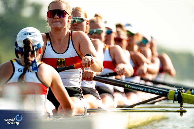 Klara Kerstan (b), Chiara Saccomando, Ricarda Heuser, Antonia Galland, Emilia Fritz, Olivia Clotten, Lene Muehrs, Michelle Lebahn (s), Annalena Fisch (c), Women's Eight, Germany, 2023 World Rowing Under 23 Championships, Plovdiv, Bulgaria © World Rowing / Benedict Tufnell