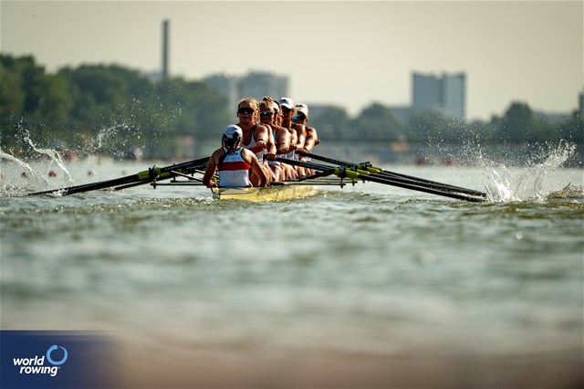Klara Kerstan (b), Chiara Saccomando, Ricarda Heuser, Antonia Galland, Emilia Fritz, Olivia Clotten, Lene Muehrs, Michelle Lebahn (s), Annalena Fisch (c), Women's Eight, Germany, 2023 World Rowing Under 23 Championships, Plovdiv, Bulgaria © World Rowing / Benedict Tufnell