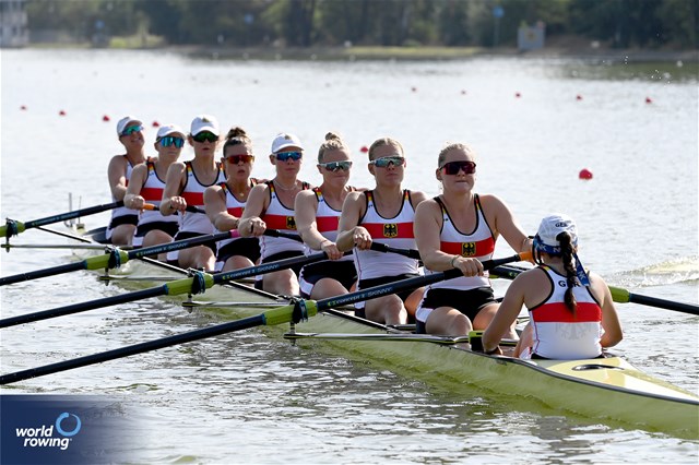 Klara Kerstan (b), Chiara Saccomando, Ricarda Heuser, Antonia Galland, Emilia Fritz, Olivia Clotten, Lene Muehrs, Michelle Lebahn (s), Annalena Fisch (c), Women's Eight, Germany, 2023 World Rowing Under 23 Championships, Plovdiv, Bulgaria © Maren Derlien / MyRowingPhoto.com