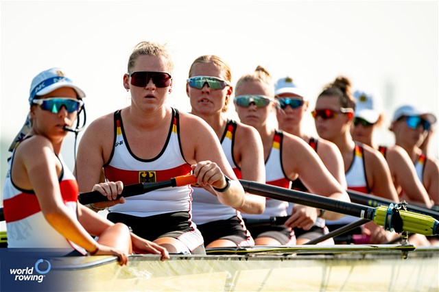 Klara Kerstan (b), Chiara Saccomando, Ricarda Heuser, Antonia Galland, Emilia Fritz, Olivia Clotten, Lene Muehrs, Michelle Lebahn (s), Annalena Fisch (c), Women's Eight, Germany, 2023 World Rowing Under 23 Championships, Plovdiv, Bulgaria © World Rowing / Benedict Tufnell