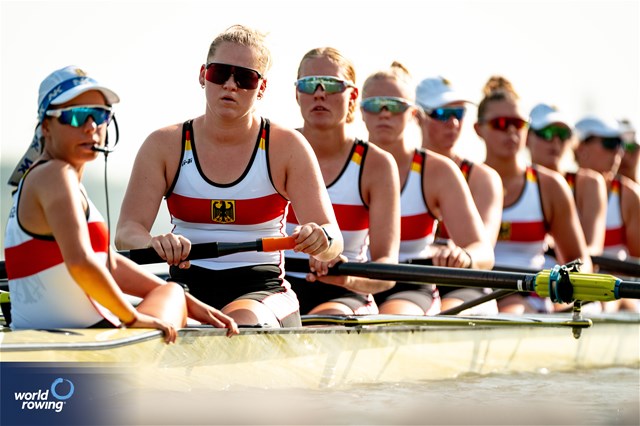 Klara Kerstan (b), Chiara Saccomando, Ricarda Heuser, Antonia Galland, Emilia Fritz, Olivia Clotten, Lene Muehrs, Michelle Lebahn (s), Annalena Fisch (c), Women's Eight, Germany, 2023 World Rowing Under 23 Championships, Plovdiv, Bulgaria © World Rowing / Benedict Tufnell