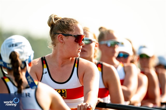 Klara Kerstan (b), Chiara Saccomando, Ricarda Heuser, Antonia Galland, Emilia Fritz, Olivia Clotten, Lene Muehrs, Michelle Lebahn (s), Annalena Fisch (c), Women's Eight, Germany, 2023 World Rowing Under 23 Championships, Plovdiv, Bulgaria © World Rowing / Benedict Tufnell