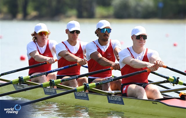 Gian Luca Egli (b), Donat Vonder Muehll, Shamall Suero Santana, Nicolas Berger (s), Men's Quadruple Sculls, Switzerland, 2023 World Rowing Under 23 Championships, Plovdiv, Bulgaria © Maren Derlien / MyRowingPhoto.com