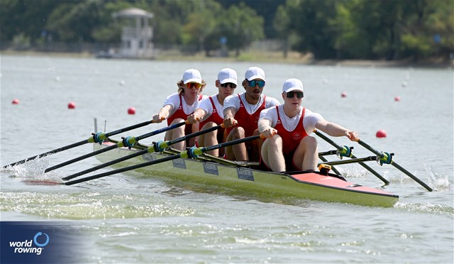 Gian Luca Egli (b), Donat Vonder Muehll, Shamall Suero Santana, Nicolas Berger (s), Men's Quadruple Sculls, Switzerland, 2023 World Rowing Under 23 Championships, Plovdiv, Bulgaria © Maren Derlien / MyRowingPhoto.com