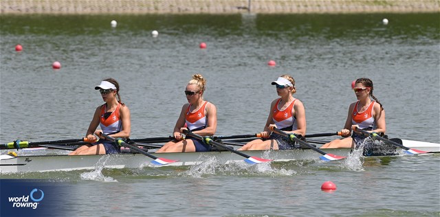 Claire De Kok (b), Vera Sneijders, Jente Jongsma, Phaedra Van Der Molen (s), Women's Quadruple Sculls, Netherlands, 2023 World Rowing Under 23 Championships, Plovdiv, Bulgaria © Maren Derlien / MyRowingPhoto.com