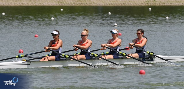 Claire De Kok (b), Vera Sneijders, Jente Jongsma, Phaedra Van Der Molen (s), Women's Quadruple Sculls, Netherlands, 2023 World Rowing Under 23 Championships, Plovdiv, Bulgaria © Maren Derlien / MyRowingPhoto.com