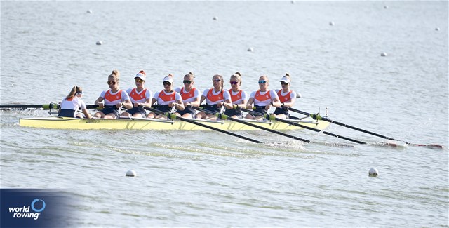 Pleun Bon (b), Iris Van Den Berg, Evie Rademaker, Eleonore Veldman, Iris Klok, Minou Bouman, Lotta Van Westreenen, Fien Van Westreenen (s), Lotte Vedel (c), Women's Eight, Netherlands, 2023 World Rowing Under 23 Championships, Plovdiv, Bulgaria © Detlev Seyb / MyRowingPhoto.com