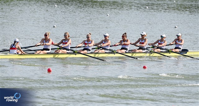 Klara Kerstan (b), Chiara Saccomando, Ricarda Heuser, Antonia Galland, Emilia Fritz, Olivia Clotten, Lene Muehrs, Michelle Lebahn (s), Annalena Fisch (c), Women's Eight, Germany, 2023 World Rowing Under 23 Championships, Plovdiv, Bulgaria © Detlev Seyb / MyRowingPhoto.com