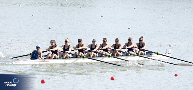Olivia Vavasour (b), Lauren Day, Dahlia Levine, Lale Edil, Evan Park, Mia Levy, Hannah Heideveld, Megan Lee (s), Victoria Grieder (c), Women's Eight, United States of America, 2023 World Rowing Under 23 Championships, Plovdiv, Bulgaria © Detlev Seyb / MyRowingPhoto.com