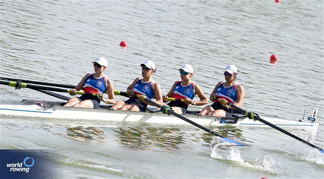 Antonia Leonor Liewald Heise (b), Antonia Pichott, Magdalena Jesus Nannig Rojas, Isidora Niemeyer (s), Women's Four, Chile, 2023 World Rowing Under 23 Championships, Plovdiv, Bulgaria © Detlev Seyb / MyRowingPhoto.com