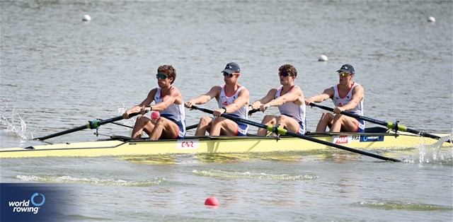 Florian Ludwig (b), Alistair Gicqueau, Nikola Kolarevic, Armand Pfister (s), Men's Four, France, 2023 World Rowing Under 23 Championships, Plovdiv, Bulgaria © Detlev Seyb / MyRowingPhoto.com