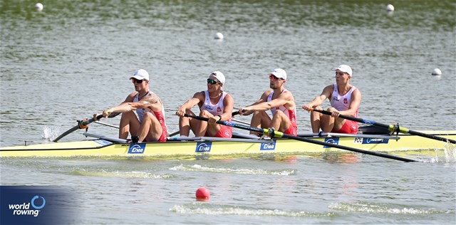 Patryk Wojtalak (b), Szymon Tomiak, Tomasz Lewicki, Oskar Streich (s), Men's Four, Poland, 2023 World Rowing Under 23 Championships, Plovdiv, Bulgaria © Detlev Seyb / MyRowingPhoto.com